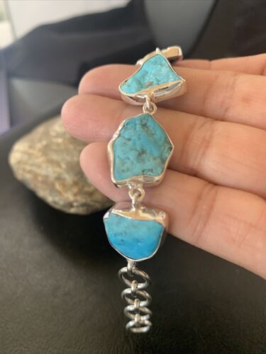 Navajo Blue Kingman Turquoise Link Bracelet | Sterling Silver | 8" | Authentic Native American Handmade | 11647