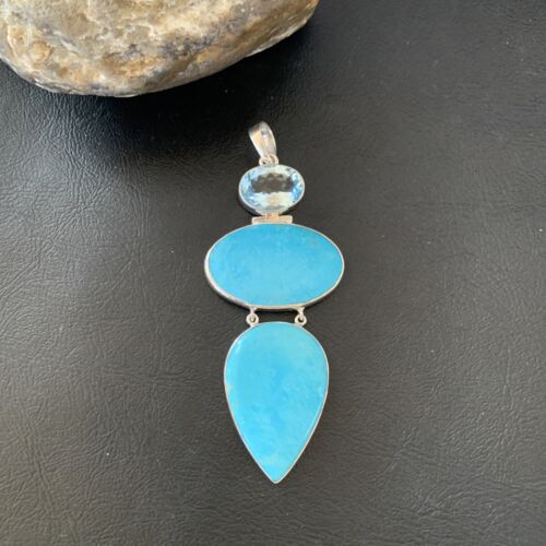 Navajo Blue Topaz Turquoise Multi-Stone Pendant | Authentic Native American Sterling Silver | 3.5" | 12023