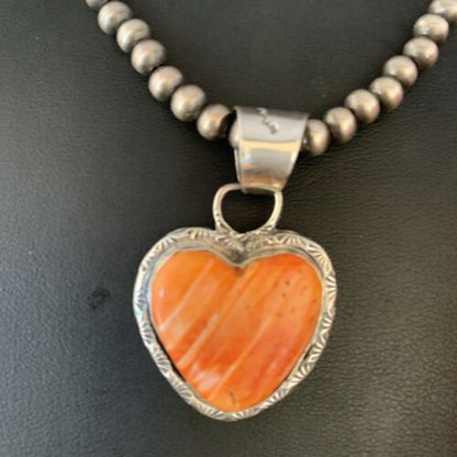 Navajo Orange Heart Spiny Oyster Pendant | Sterling Silver Necklace | Authentic Native American Handmade | 13949