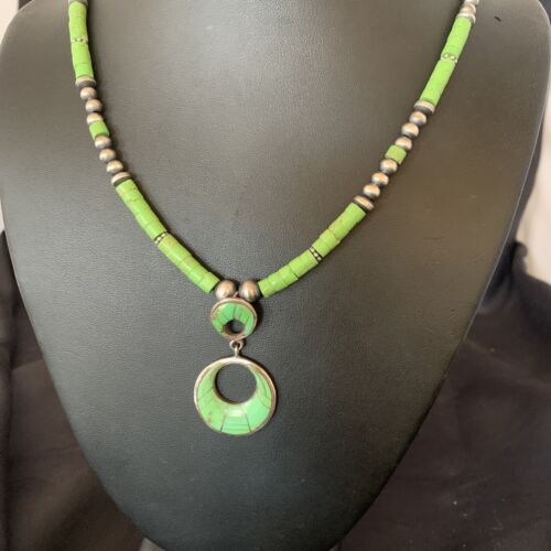 Navajo Green Gaspeite Turquoise Inlay Pendant | Sterling Silver | Authentic Native American Handmade | 12285