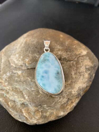 Navajo Sterling Silver Beads Necklace | Blue Larimar Pendant | Authentic Native American Handmade | 10675