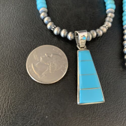 Navajo Blue Turquoise Inlay Pendant Necklace | Sterling Silver | Authentic Native American Handmade | 13866