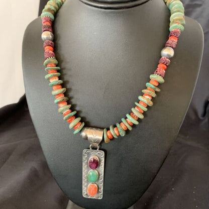 Navajo Royston Turquoise & Red Spiny Oyster Necklace Pendant | Authentic Native American Sterling Silver | Multi-Stone | 11761