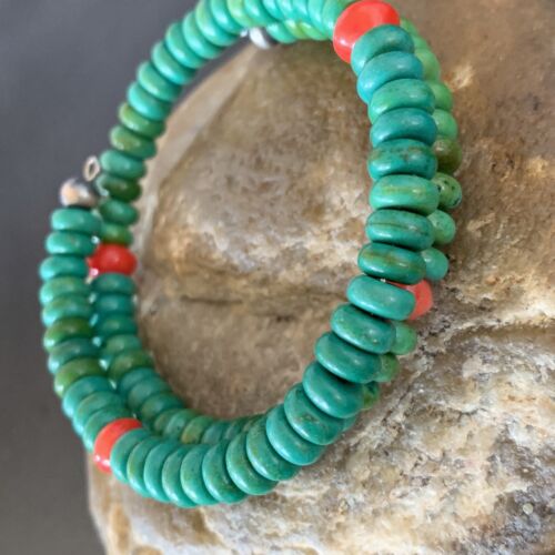 Navajo Coral Green Turquoise Bracelet | Stainless Steel Memory Wire | Authentic Native American Handmade | 13313