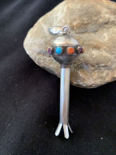Navajo Blue Turquoise Multi-Color Naja Pendant | Sterling Silver | Authentic Native American Handmade | 01156