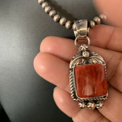 Navajo Red Spiny Oyster Square Pendant Necklace | Sterling Silver | Authentic Native American Handmade | 13634