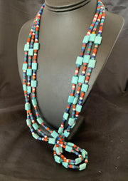 Native American Santo Domingo Turquoise Coral Bead Necklace | 3-Strand | 28" | 11988