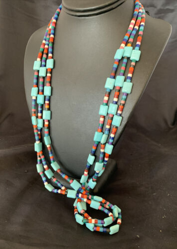 Native American Santo Domingo Turquoise Coral Bead Necklace | 3-Strand | 28" | 11988 - Masha USA