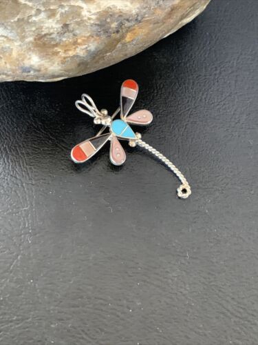 Turquoise & Mother of Pearl Inlay Dragonfly Necklace Pin Pendant | Zuni Sterling Silver | Native American Handmade | 12324