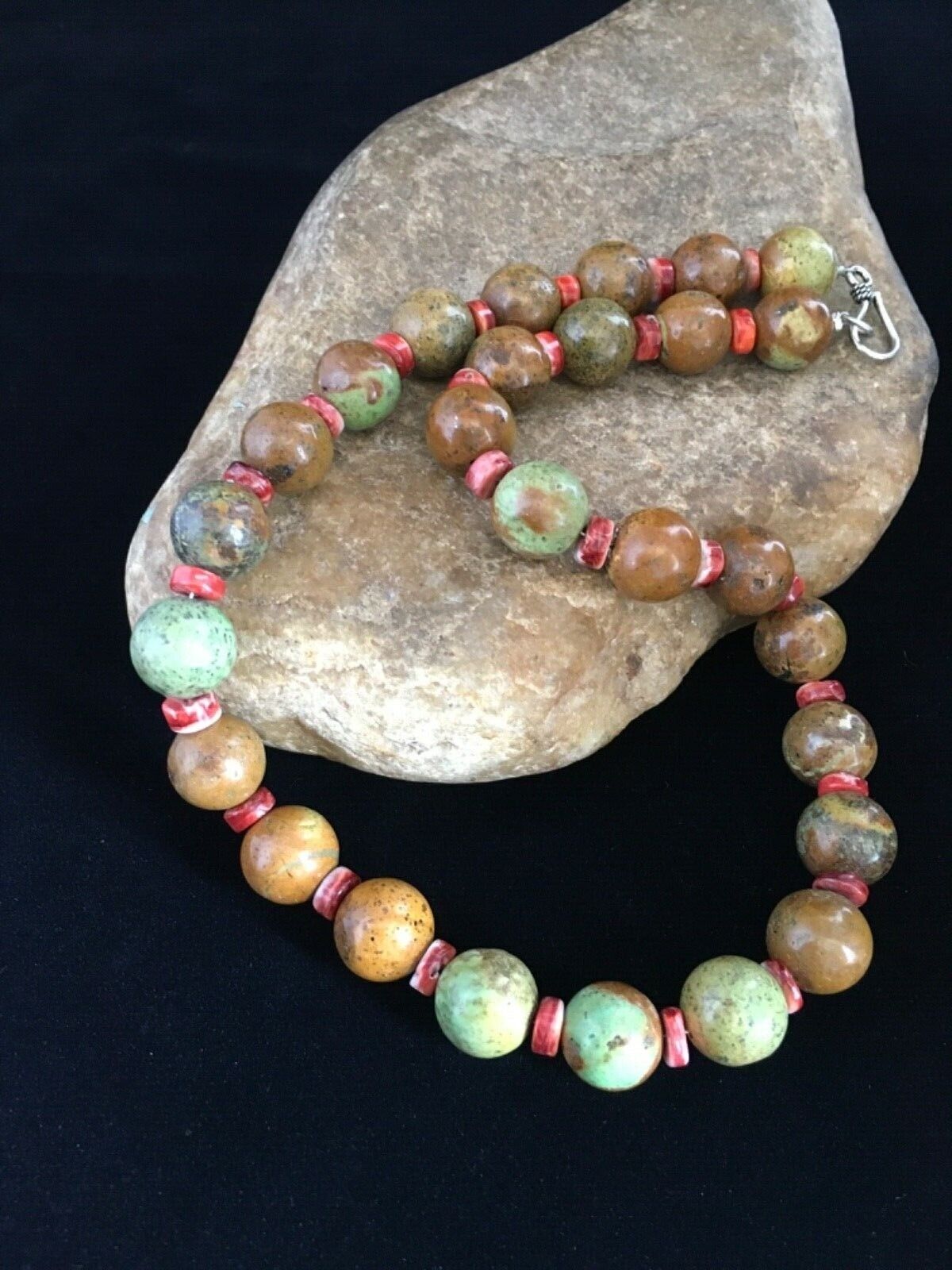 Navajo Green Turquoise & Orange Spiny Oyster Necklace | Sterling Silver | 17" | Authentic Native American Handmade | 1742