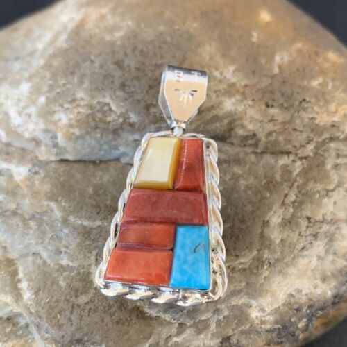 Zuni Yellow Mother of Pearl Turquoise Coral Inlay Sun Face Pendant | Sterling Silver | 2-Sided | 1684