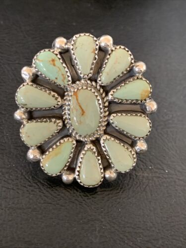 Navajo Green Turquoise Cluster Ring | Authentic Native American Sterling Silver | Multi-Stone | Sz 7.5 | 12191
