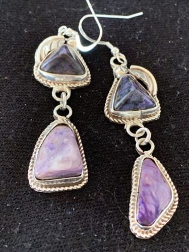 Navajo Purple Charoite Dangle Earrings | Sterling Silver | Authentic Native American Handmade | 01222