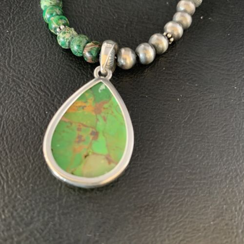 Navajo Pearls Green Mojave Turquoise Pendant Necklace | Sterling Silver | Native American Handmade | 13460
