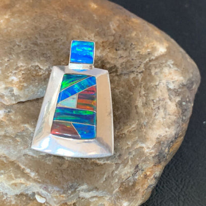 Navajo Blue Red Opal Inlay Pendant | Sterling Silver | Authentic Native American Handmade | 13340