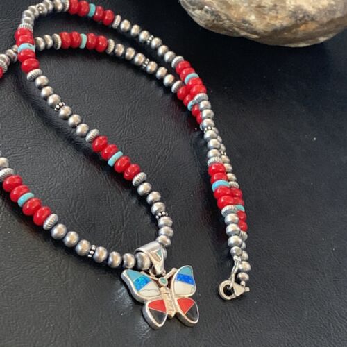 Opal Inlay Butterfly Pendant | Navajo Sterling Silver | Coral & Turquoise | 21" | 12582