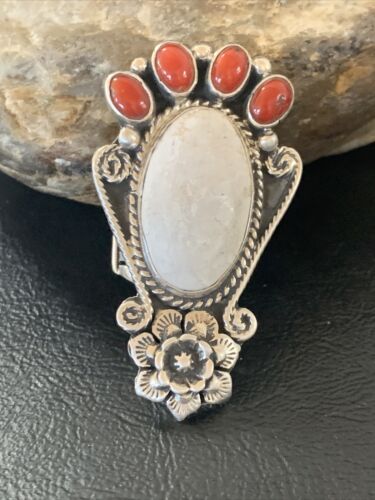 Navajo Sterling Silver Turquoise #8 Orange Spiny Oyster Ring | Authentic Native American Multi-Stone | Sz 6 | 11660