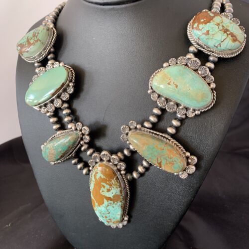 Navajo Royston Turquoise Pendant Necklace | Sterling Silver | Authentic Native American Handmade | XL | 12368