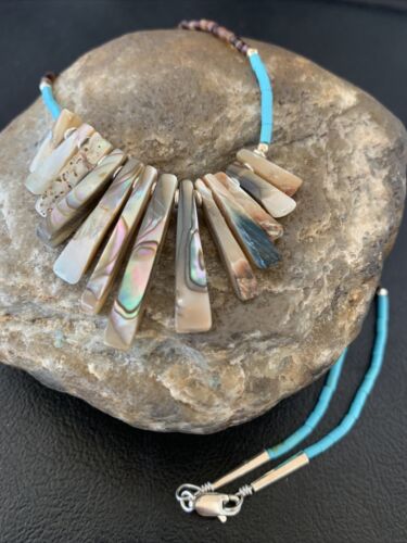 Navajo Blue Turquoise Pava Shell Heishi Necklace | Sterling Silver | Authentic Native American Handmade | 20" | 1689