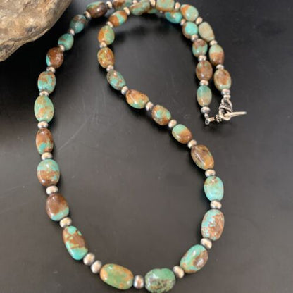 Navajo Pearls Royston Bead Green Turquoise Necklace | Sterling Silver | Authentic Native American Handmade | 20" | 11464