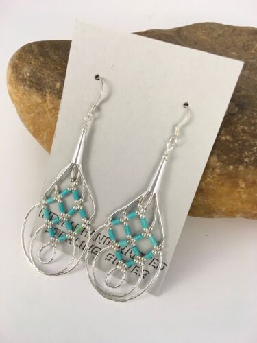Native American Blue Turquoise Heishi Dangle Earrings | Sterling Silver | 2" | 8878
