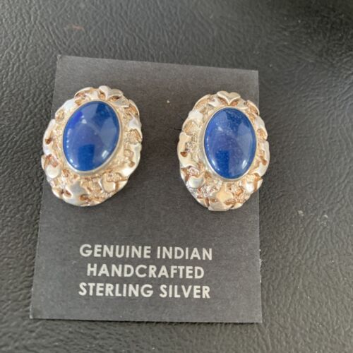 Native American Women's Blue Lapis Nugget Earrings | Sterling Silver | 13017