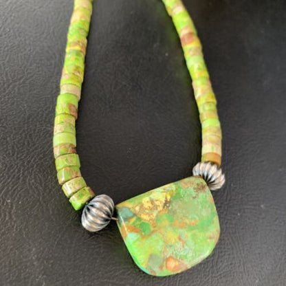 Navajo Green Gaspeite Turquoise Pendant | Sterling Silver | Authentic Native American Handmade | 13945
