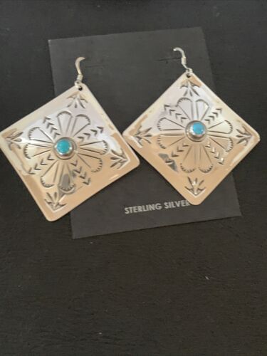 Navajo Turquoise Stamped Earrings | Sterling Silver | Authentic Native American Handmade | 1205