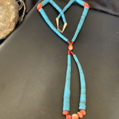 Southwestern Santo Domingo Pink Coral Blue Turquoise Jacla Necklace | 20" | Authentic Native American Handmade | 12515