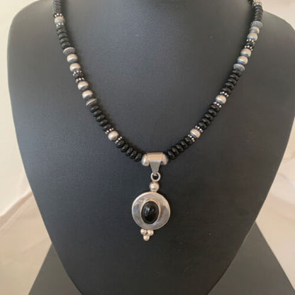 Navajo Pearls Black Onyx Bead Necklace | Sterling Silver | Authentic Native American Handmade | 2085