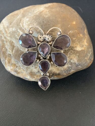Navajo Dragonfly Pendant | Faceted Amethyst Gems Cluster | Authentic Native American Sterling Silver | Multi-Stone | 2.2" | 12738