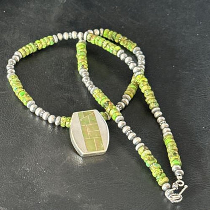 Navajo Green Turquoise Inlay Pendant Necklace | Sterling Silver | 22" | Authentic Native American Handmade | 14610