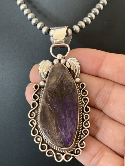 Navajo Pearls Necklace with Purple Charoite Pendant | Sterling Silver | Authentic Native American Handmade | 652