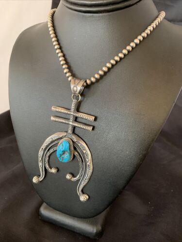 Navajo Kingman Turquoise Naja Pendant | Sterling Silver | Authentic Native American Handmade | 11518