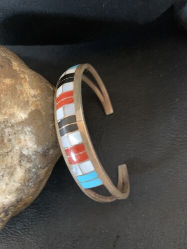Navajo Sterling Silver Multi-Color Inlay Bracelet | Turquoise | Native American Jewelry | 12919