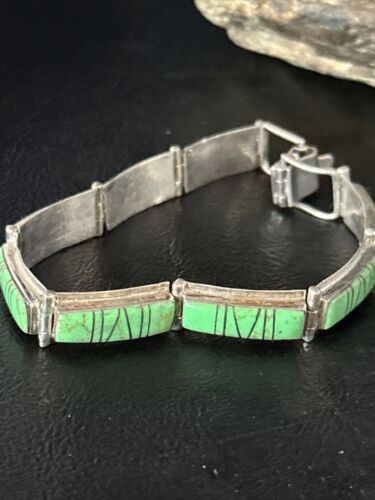 Native American Women's Green Gaspeite Inlay Link Bracelet | Sterling Silver | 7.5" | 14270