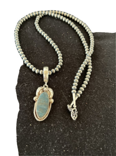 Men's Navajo Sterling Silver Beads Necklace | Denim Lapis Pendant | 2" | Authentic Native American Handmade | 1211