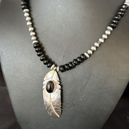 Native American Men's Navajo Pearls Necklace | Sterling Silver Black Onyx Pendant | 14627