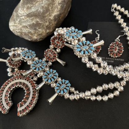 Navajo Dual Side Blue Turquoise Coral Squash Blossom Necklace | Sterling Silver | Native American Handmade | 14458