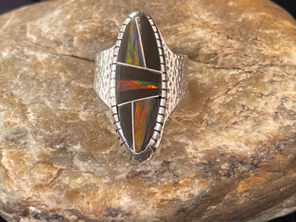 Navajo Multi-Color Opal & Turquoise Inlay Ring | Sterling Silver | Sz 7 | Authentic Native American Handmade | 01586