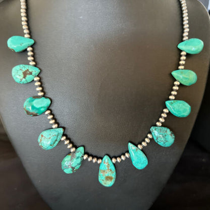 Navajo Teardrop Blue Turquoise Necklace | Sterling Silver Pearls | Authentic Native American Handmade | 14388
