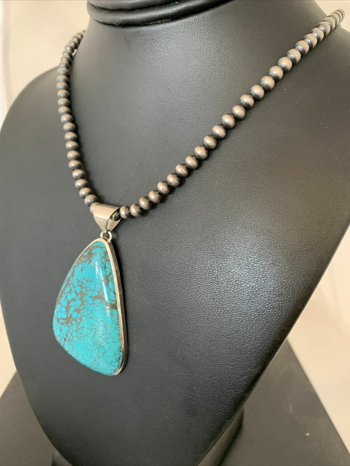 Navajo Pearls Sterling Silver Blue Spiderweb Turquoise Necklace Pendant | Men's Southwestern | 00918