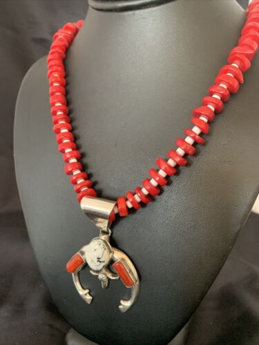 Navajo White Buffalo Turquoise Coral Naja Pendant | Sterling Silver | Authentic Native American Handmade | 10253