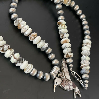 Navajo Hummingbird Inlay Necklace Pendant | Sterling Silver | Wild Horse Turquoise Inlay | 11345
