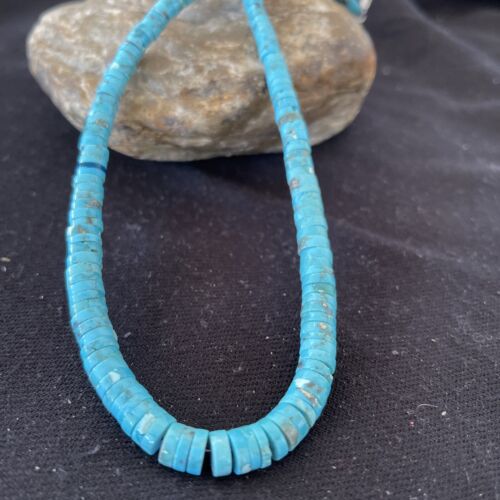 Navajo Blue Turquoise Heishi Necklace with Sterling Silver & Graduated Pearl Stab | Authentic Native American | 17" | 1184