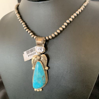 Men's Navajo Pearls Necklace with Blue Kingman Turquoise Pendant | Sterling Silver | 00904