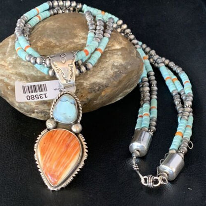 Navajo Dry Creek Turquoise Pendant | Sterling Silver Spiny Necklace | 2.5" | Multi-Strand | 13580 - Masha USA