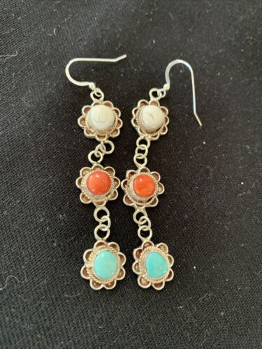 Navajo Spiny, Turquoise & Howlite Dangle Earrings | Sterling Silver | Authentic Native American Handmade | 1573