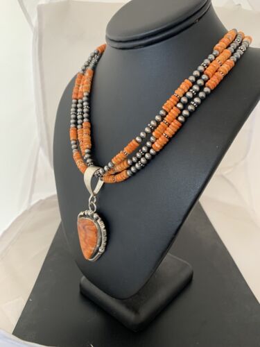 Navajo Pearls Necklace with Spiny Oyster Pendant | Sterling Silver | 3-Strand | Authentic Native American Handmade | 600