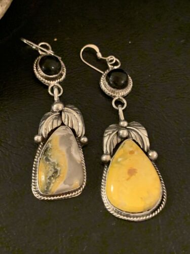 Native American Navajo Black Onyx Bumblebee Jasper Dangle Earrings | Sterling Silver | 2" | 1537